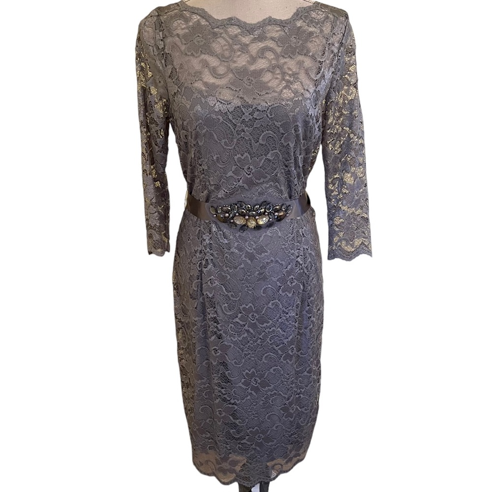 Ricki Freeman for Teri Jon Grey/Silver Lace Illusion Shoulder Cocktail Dress